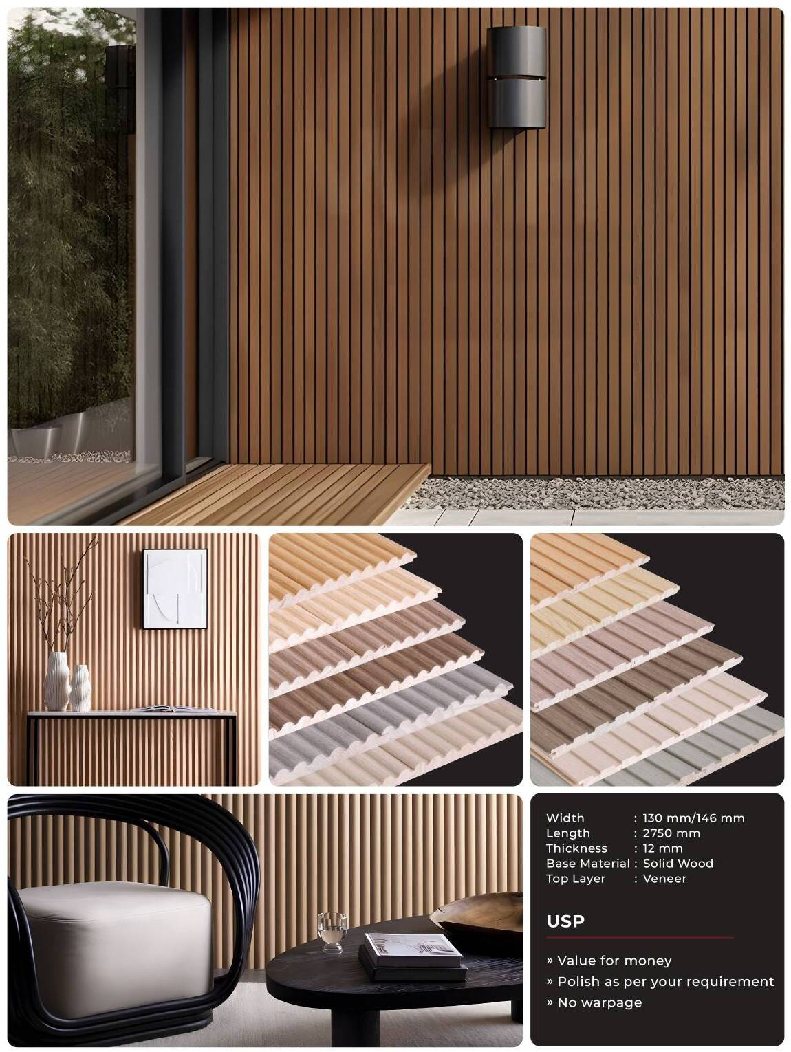 Veneer Panel — Solid Wood Base, Polish as Required